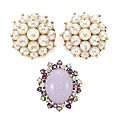 Pair of Gold and Cultured Pearl Cluster Earrings and Gold, <b>Lavender</b> <b>Jade</b>, Diamond and Amethyst Ring