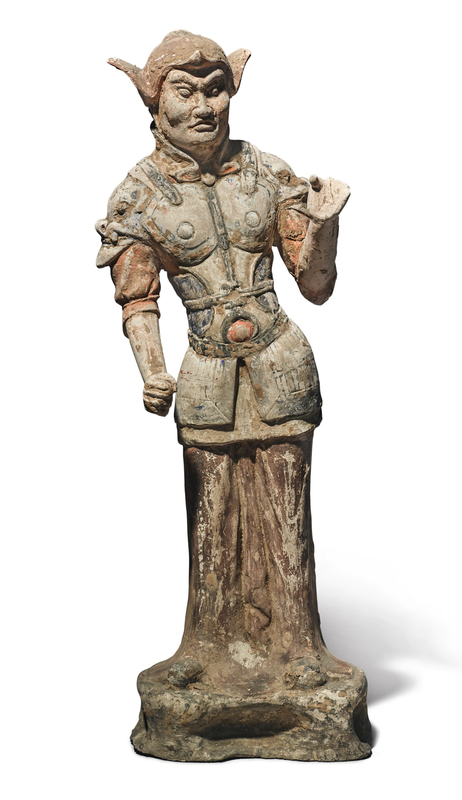 A large painted pottery figure of a guardian, Tang dynasty (618-907)