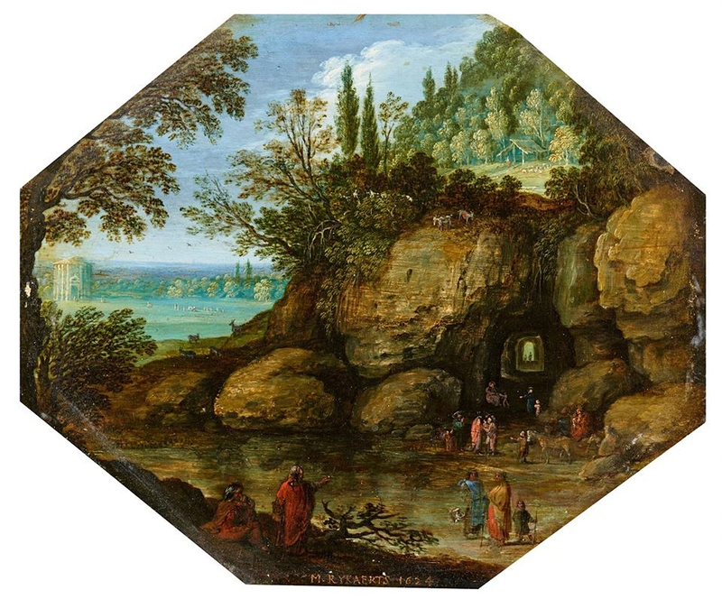 Marten Ryckaert (1587 Antwerp - 1633 Antwerp), Three landscape pictures with figures and animals. Oil on wood (two with token of the city of Antwerp). Each 24 x 29 cm (octagonal). Monogrammed and dated lower left: MR 1624, 1626 MR, M.Rykaerts 1624