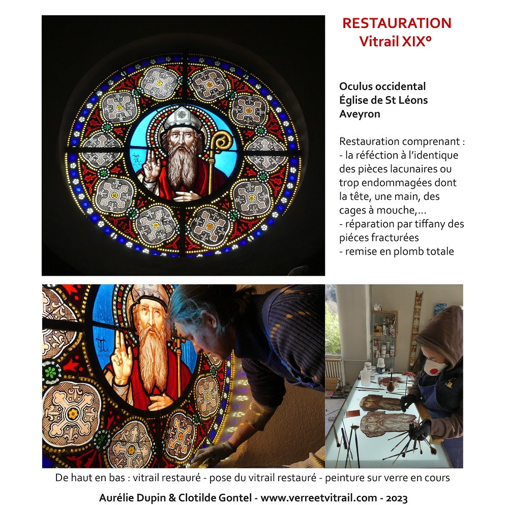 Restauration vitrail XIX° - Tête XIX en peinture sur verre 