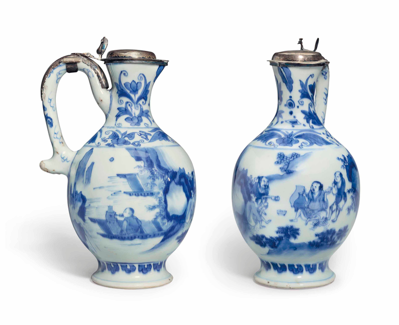 A blue and white ewer with silver mounts, Chongzhen period (1628-1644)