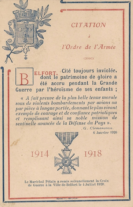 1920 07 04 Belfort CPA 1 Croix de guerre Citation