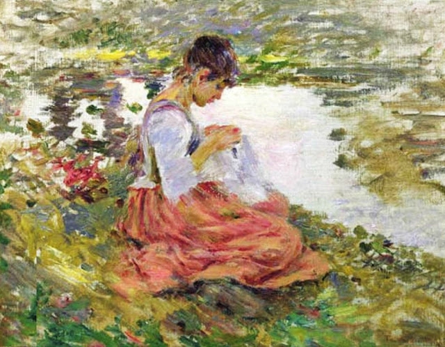 Theodore Robinson-Sewing by the River