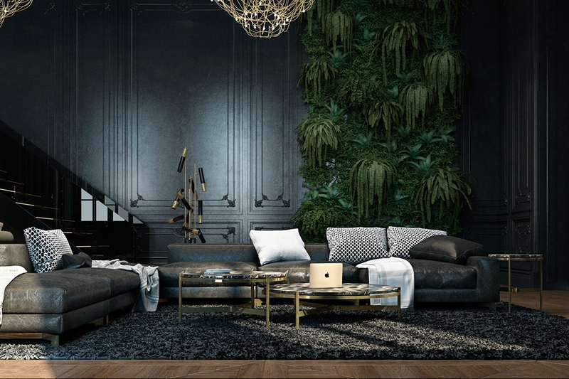 Abandoned-fortress-living-room-luscious-green-wall-panel-distressed-leather-couches