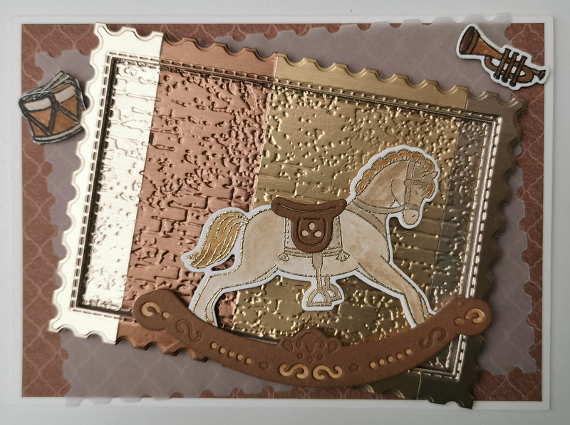 1c Carte de voeux Rocking horse, Poinçons timbres intemporels et rectangles coutures