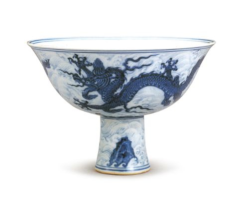 Blue and white ‘dragon’ stem bowl, mark and period of Xuande Qing court collection