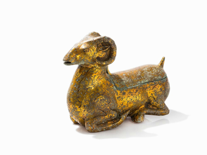 Fire Gilt Bronze Zun Oil Lamp in Shape of a Ram, Han Dynasty