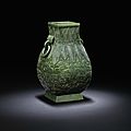 A rare spinach-green jade archaistic vase, <b>fang</b> <b>hu</b>, Qianlong-Jiaqing period (1736-1820)