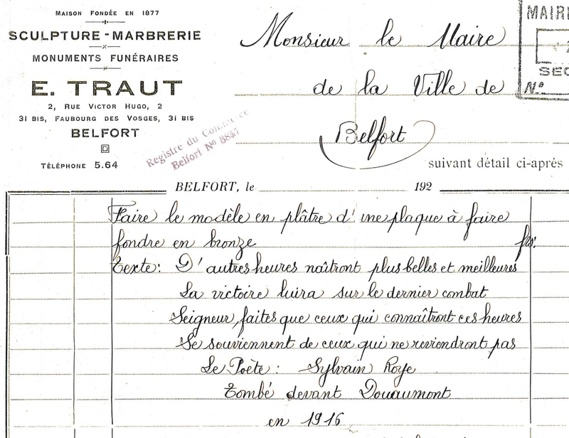 1928 08 03 Traut AR payement plaque en plâtre R