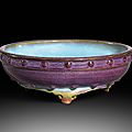 An Exceptional Junyao Purple And Blue Glazed Tripod Circular Narcissus Bowl, <b>Early</b> <b>Ming</b> <b>Dynasty</b>