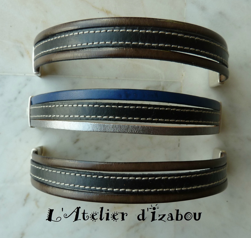 P1200214 Bracelet trio d'amis - 2 hommes, 1 femme, multirangs, cuir kaki et noir cousu, cuir bleu roi, noir cousu et argenté