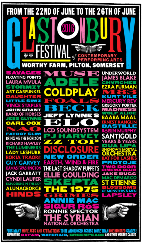 Glastonbury festival 2016 line-up poster affiche