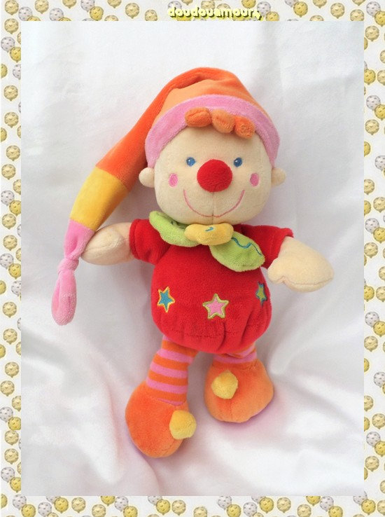 Doudou Peluche Clown Rouge Etoiles Jambes Rayures Rose Orange Nicotoy