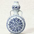 An important and rare blue and white moonflask, bianping, <b>Xuande</b> <b>six</b>-<b>character</b> <b>mark</b> in a line and of the period (1426-1435)