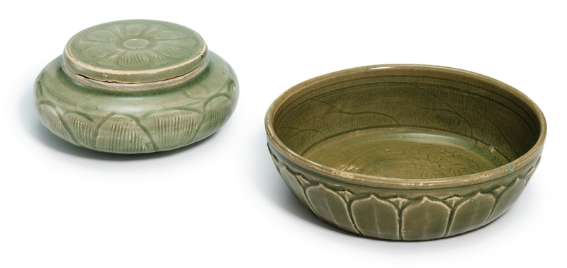 A Yue celadon washer and a Longquan celadon jarlet and cover, Song dynasty (960