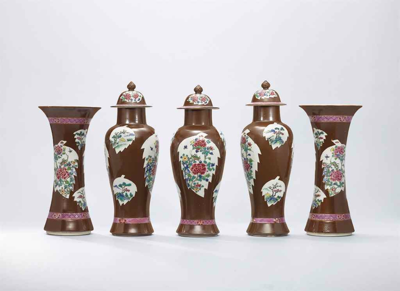 A set of five cafe-au-lait ground famille rosegarniture, Qing dynasty, 18th century