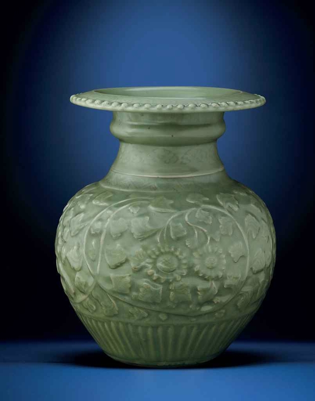 A very rare early Ming Longquan celadon globular 'chrysanthemum' vase, Ming dynasty, 14th-15th century