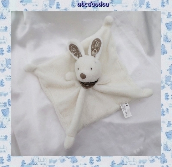 Doudou Peluche Lapin Plat Carré Blanc Foulard Bandana Marron Broderies Noeuds Simba Dickie Nicotoy