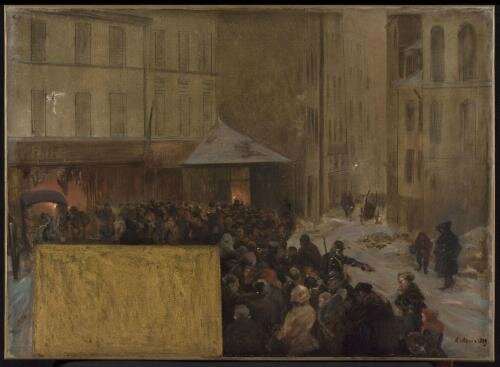 Arus, esquisse pour Hôtel de Ville, queues à la porte d'une boucherie municipale 1889