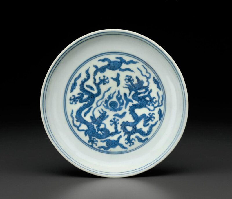 A blue and white 'Dragon' dish, Jiajing six-character mark in underglaze blue within a double circle and of the period (1522-1566)