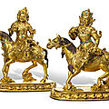 Two very rare gilt-copper alloy figures from a set of eight Asvapati, the equestrian retinue of <b>Vaishravana</b>, Tibet, 15th century