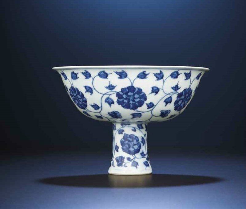 A very rare Ming blue and white stembowl, Wanli six-character mark in a line and of the period (1573-1619)