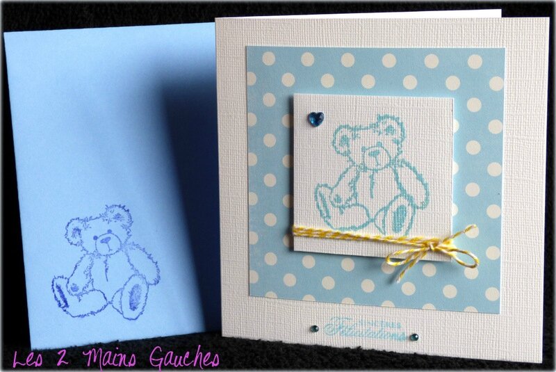 carte de naissance avec enveloppe garçon avec ourson bleu