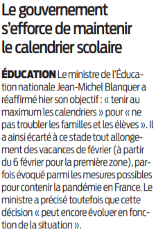 2021 01 23 SO Le gouvernement s'efforce de maintenir le calendrier scolaire