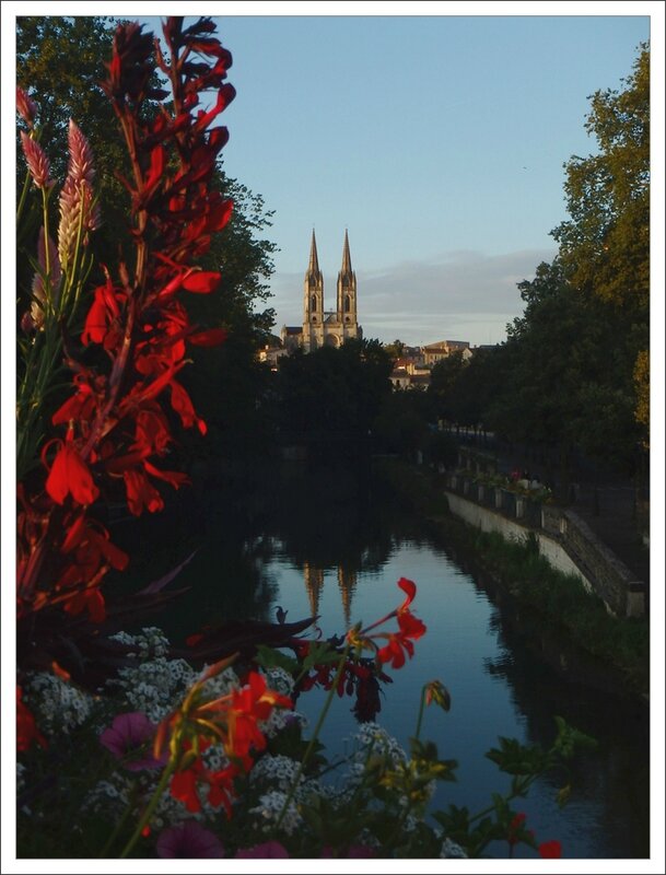 Niort soir fleurs rouges eglise lumiere 100714