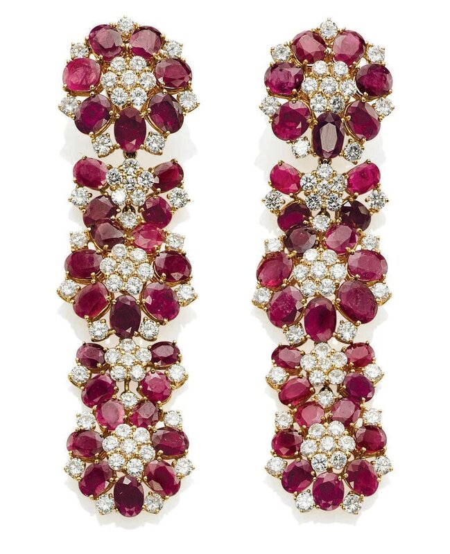 A pair of ruby and diamond ear pendants