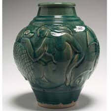 rené-buthaud - vase à décor de sirène au coquillage céramique à couverte bleue