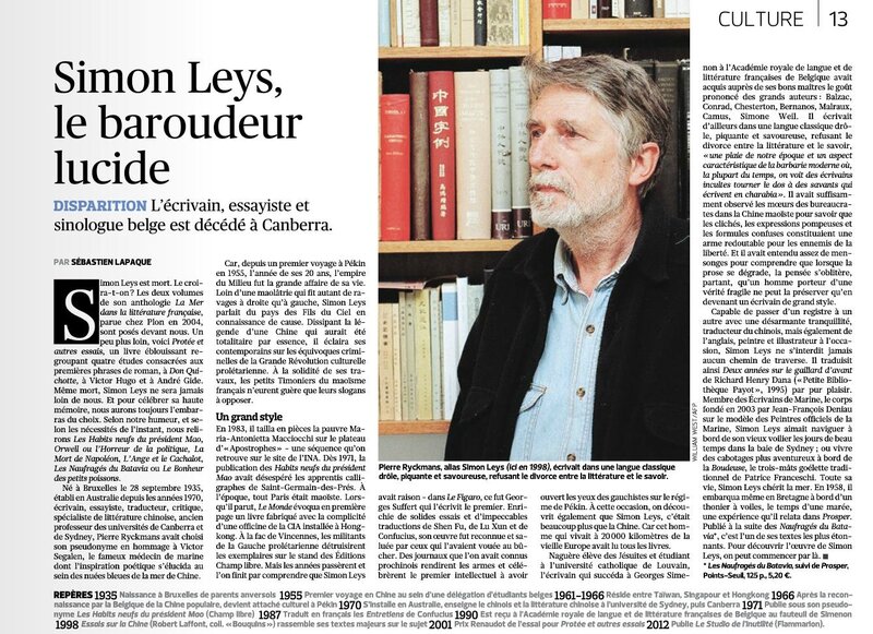 Mort de Simon Leys le Figaro 12 août 2014