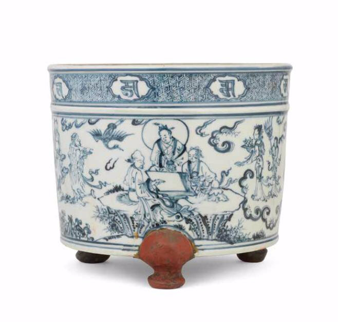 A large blue and white 'Eight Immortals' incense burner, Late Ming Dynasty