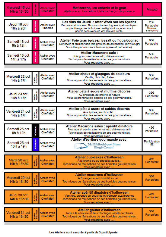 Progamme atelier culinaire et cours de cuisine 2 Mat'carons octobre 2014