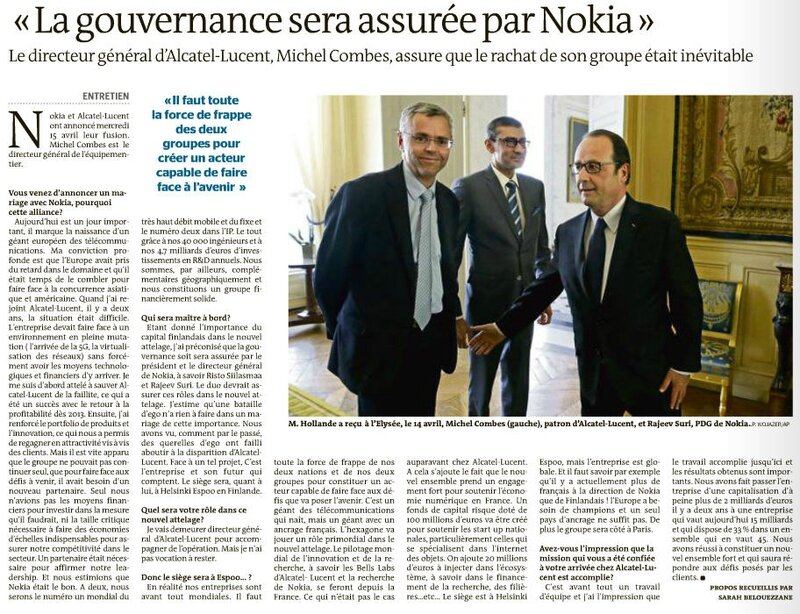 La gouvernance sera assurée par Nokia Le Monde 16 avril 2015