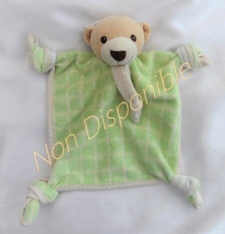 Doudou Plat Ours Carreaux Vert et Ecru Passeport Tendresse 4 Noeuds Nounours