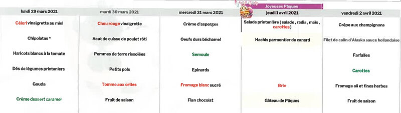 menus du 29 au 2 avril