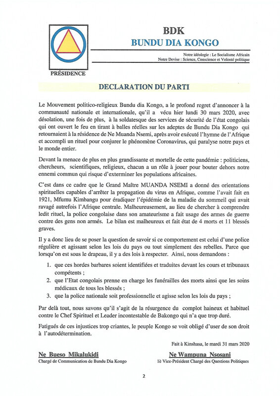 DECLARATION DU PARTI BUNDU DIA KONGO LE 31 MARS 2020