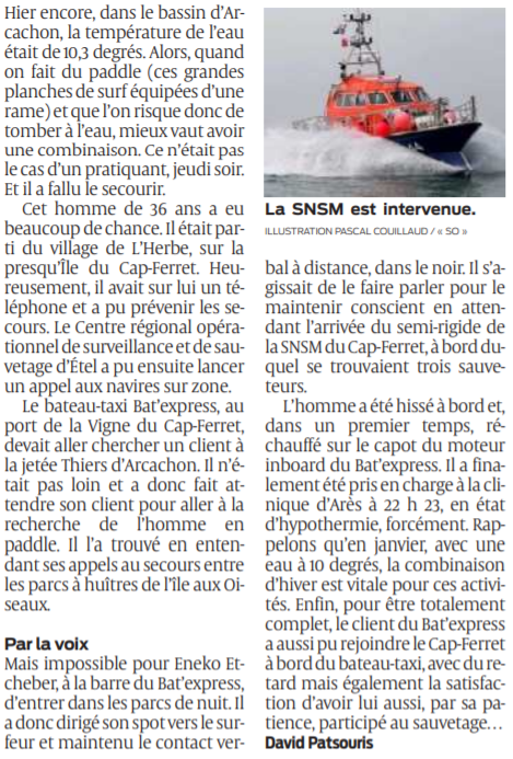 2022 01 29 SO Bassin d'Arcachon Un homme qui faisait du paddle sans combinaison secouru2