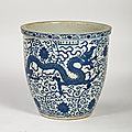 A large blue and <b>white</b> porcelain dragon cachepot, Jiajing six-character mark