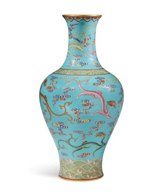 A rare turquoise-ground famille-rose 'Nine Dragon' cloisonné-imitation vase, seal mark and period of Qianlong