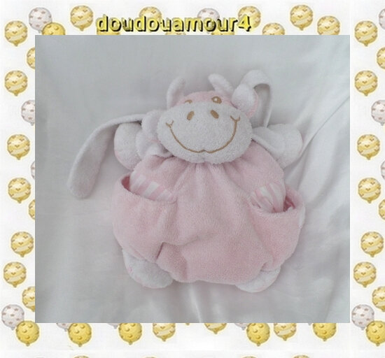 Doudou Peluche Boule Vache Tartine et Chocolat Rose Et Blanc Tartine et Chocolat