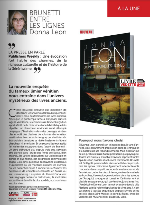 BRUNETTI - DONNA LEON - L'ACTU LITTERAIRE GRAND LIVRE DU MOIS - MARS 2016