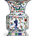 A rare wucai Gu-shaped vase, <b>Wanli</b> <b>mark</b> <b>and</b> <b>period</b> (<b>1573</b>-<b>1620</b>)