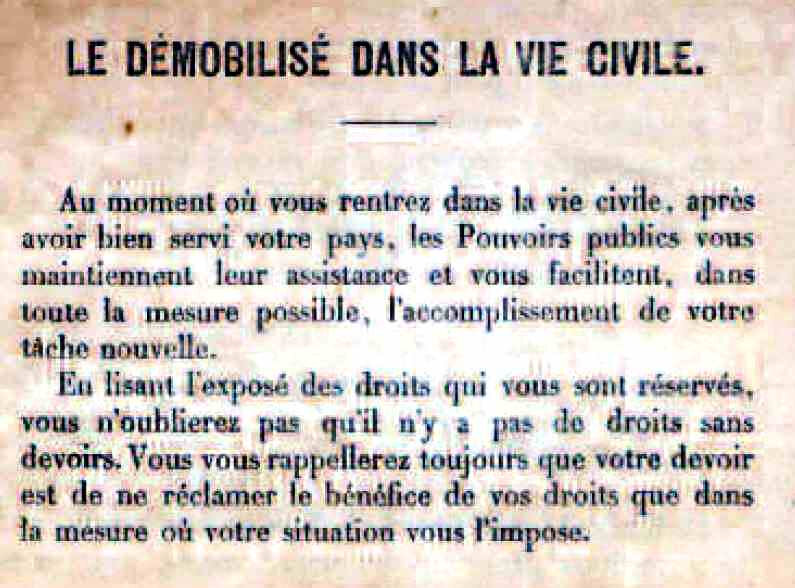 Le démobilisé dans la vie civile
