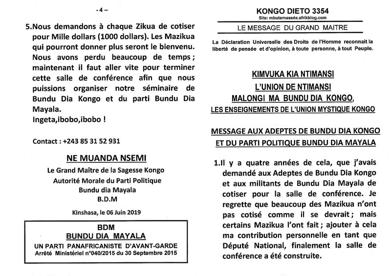 MESSAGE AUX ADEPTES DE BUNDU DIA KONGO ET AU PARTI POLITIQUE BUNDU DIA MAYALA a