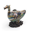 A cloisonné enamel duck-shaped incense <b>burner</b> and cover, 16th-17th century