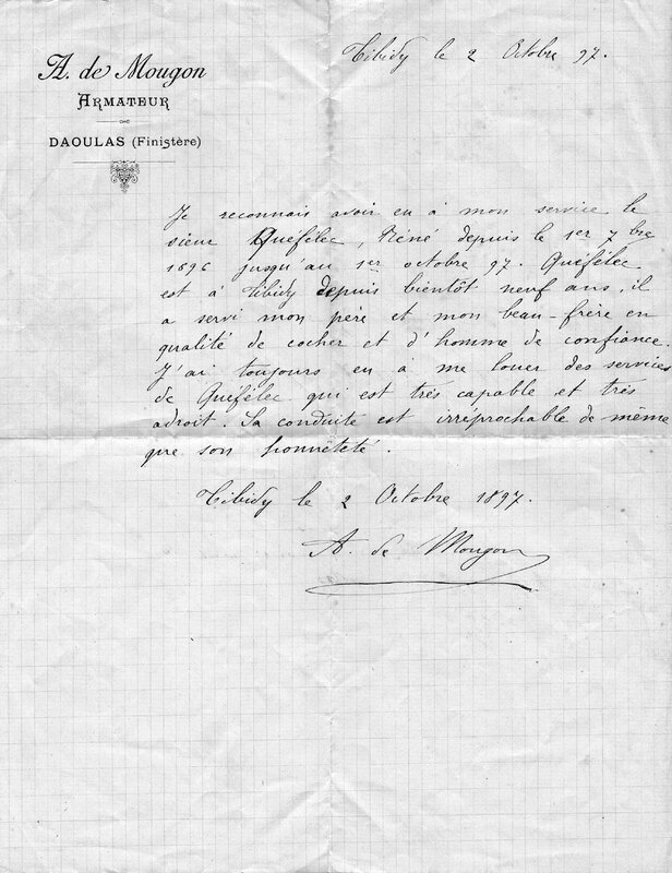 Lettre de recommandation - Rene Queffelec 1897