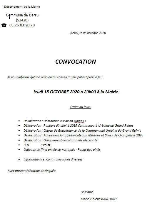 Convocation conseil municipal 15 octobre 2020