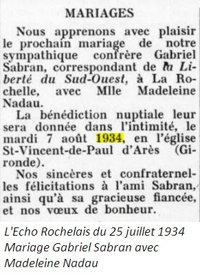 1934 07 25 L'Echo Rochelais Mariage Gabriel Sabran